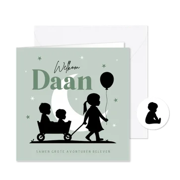 Geboortekaart silhouet jongen broertje derde kind maan mint